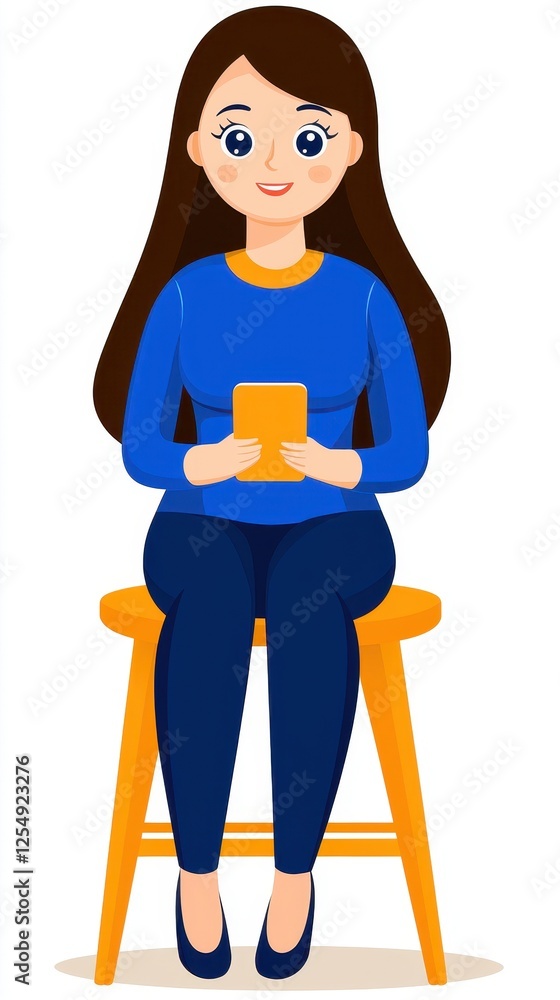 Fototapeta premium Smiling Woman with Long Brown Hair Sitting on a Yellow Chair Using a Cellphone