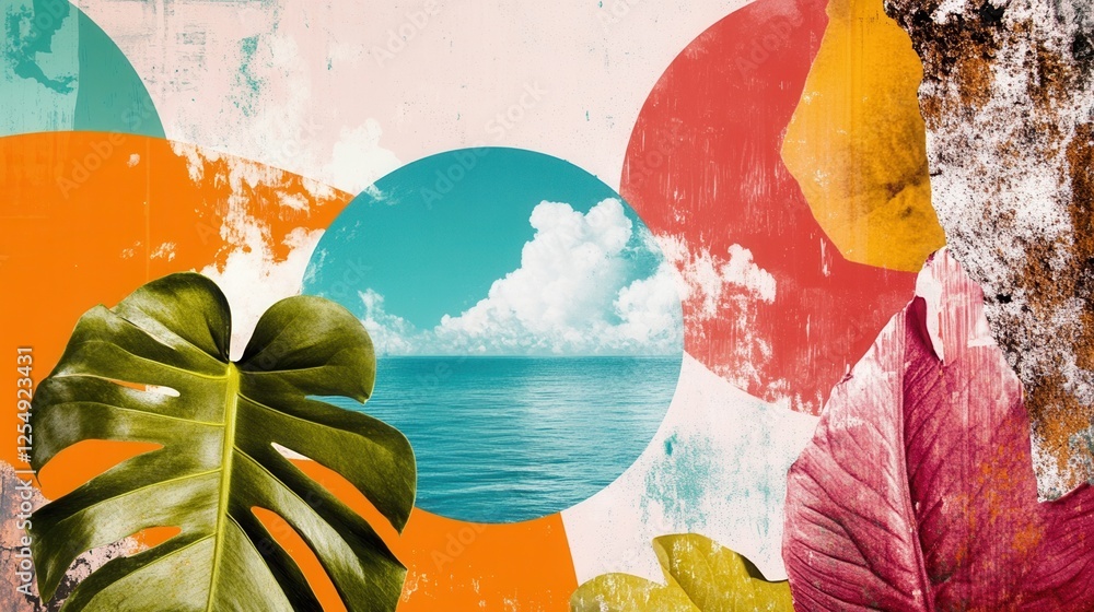 Naklejka premium Colorful abstract design with ocean and leaves.