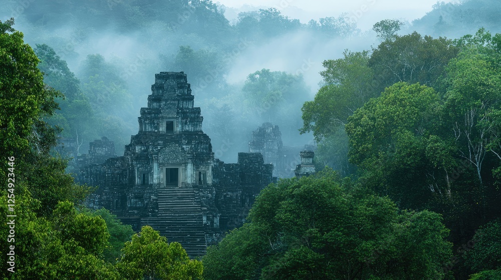 A mist-shrouded ancient temple surrounded by lush vegetation, framed by towering trees and a mysterious jungle atmosphere A mist-shrouded ancient temple surrounded by lush vegetation, framed by towering trees and a mysterious jungle atmosphere