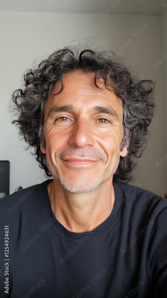 Smiling man with curly hair enjoys a casual moment at home in bright, comfortable surroundings Smiling man with curly hair enjoys a casual moment at home in bright, comfortable surroundings