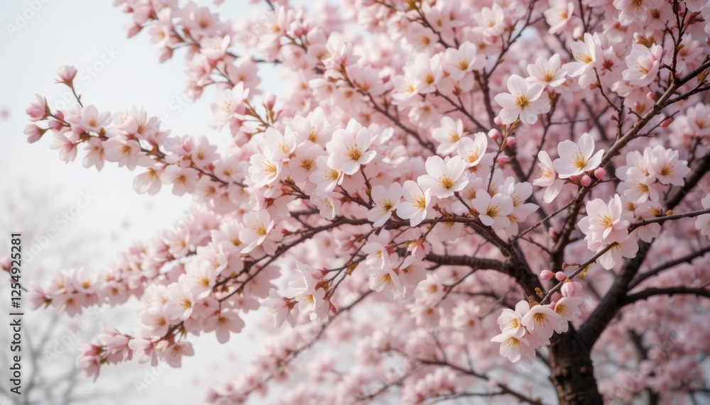 Pink cherry blossom tree in full bloom with delicate branches and petals in a seasonal nature illustration Pink cherry blossom tree in full bloom with delicate branches and petals in a seasonal nature illustration