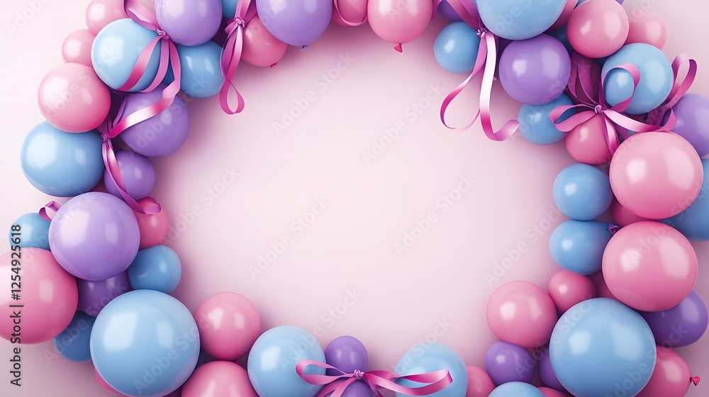 Frame of pink blue and purple balloons with ribbons