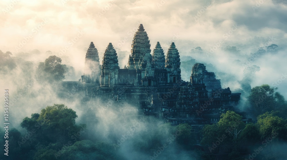Obraz premium A tranquil ancient temple surrounded by swirling mist and vibrant greenery, creating an enchanting travel destination vibe