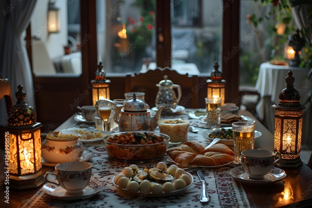 Naklejka premium A traditional Iftar table elegantly set for an evening meal