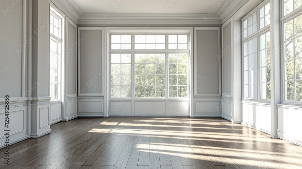 Fototapeta premium Sunlight pours into the spacious, vacant room through large windows, highlighting the elegant wooden floors and subtle architectural details, creating a tranquil atmosphere perfect for any purpose