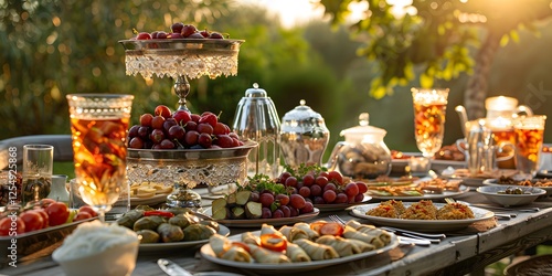 A warm family gathering around a beautifully arranged traditional Iftar table with festive decorations