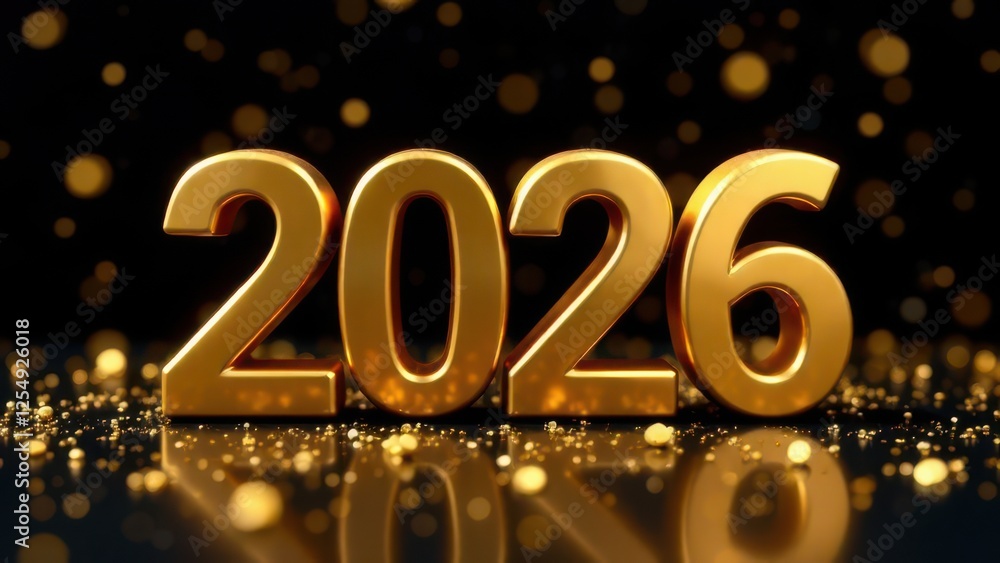 Golden 2026 3d numbers celebrating new year on a reflective surface Golden 2026 3d numbers celebrating new year on a reflective surface