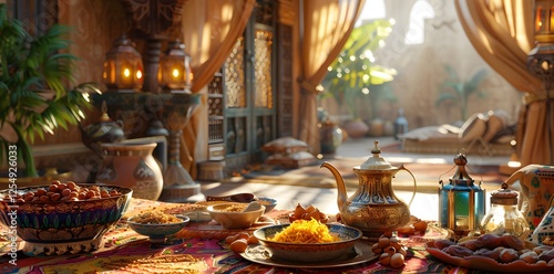 A vibrant and inviting traditional Iftar table, complete with dates, a teapot, and a selection of freshly prepared food.