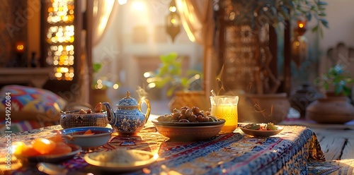 A beautifully set Iftar table with fresh dates, tea, and a variety of flavorful traditional dishes