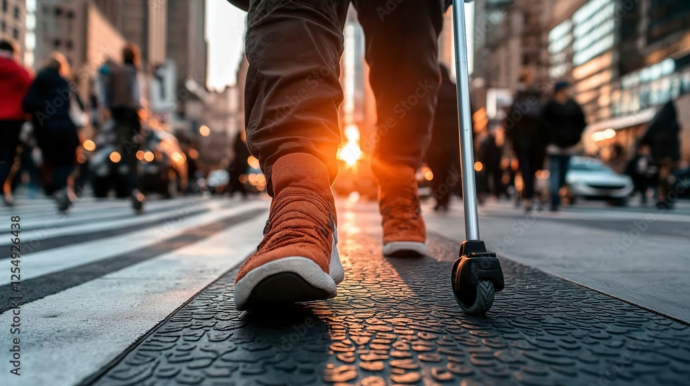 Fototapeta premium Sunset stroll through bustling city streets with the glow of evening light illuminating the path forward. Generative AI