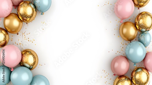 Colorful balloons and confetti adorn a clean white background