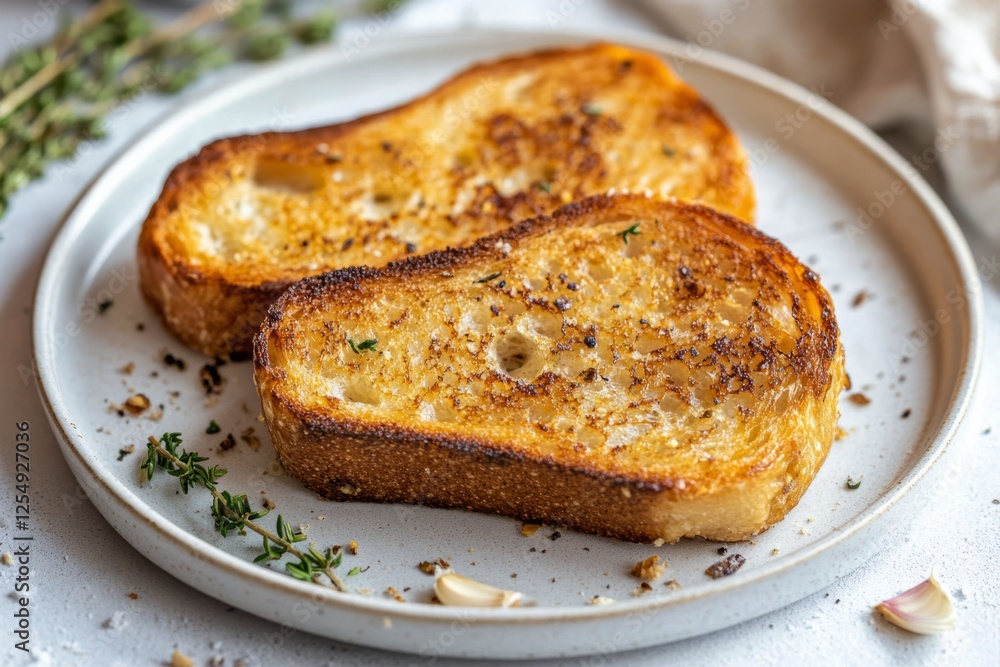 Savory garlic bread slices with crispy edges served on a neutral plate with herbs Savory garlic bread slices with crispy edges served on a neutral plate with herbs