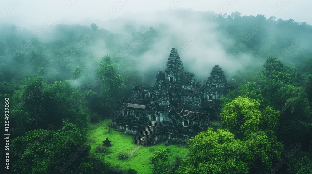 A wide shot of an ancient temple deep in a mist-covered forest, with vibrant green foliage adding to the sense of mystery A wide shot of an ancient temple deep in a mist-covered forest, with vibrant green foliage adding to the sense of mystery