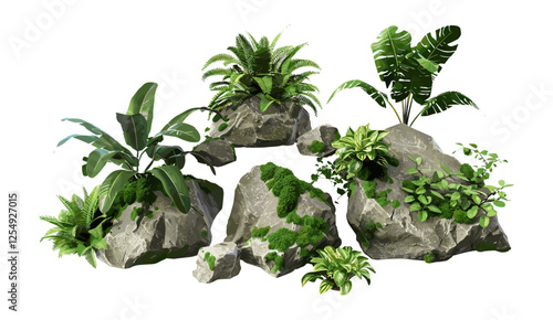 Vector illustration cutout green tropics gardening, mossy rock set 3D rendering, tropical plants, nature decor, garden landscape, lush greenery, botanical, realistic garden, garden