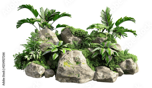 Green tropics gardening vector illustration, mossy rock set 3D rendering, cutout tropical plants, nature decor, garden landscape, lush greenery, botanical background, realistic garden