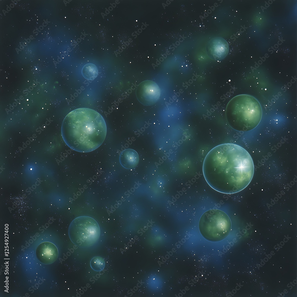 Naklejka premium Cosmic Green Spheres Floating in Nebula Space Representing the Multiverse and Alternate Realities