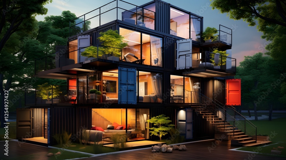 Modular Home Constructed from Stacked Shipping Containers Showcases a Unique and Sustainable Architectural Concept Ideal for Modern Compact Living and Urban Environments Modular Home Constructed from Stacked Shipping Containers Showcases a Unique and Sustainable Architectural Concept Ideal for Modern Compact Living and Urban Environments