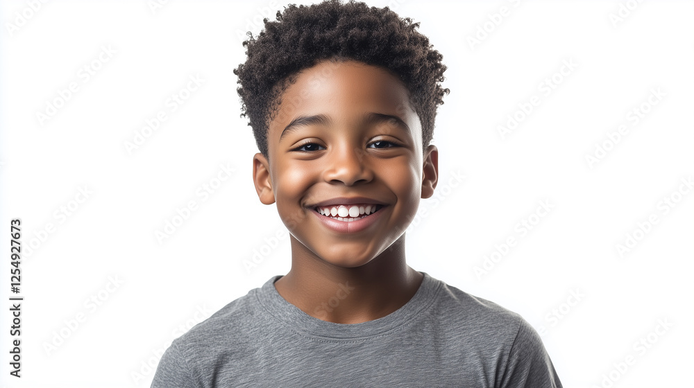 Portrait of a smiling African American boy looking at the camera, he is wearing a gray t-shirt isolated on a white background. Photography of happy childhood. Portrait of a smiling African American boy looking at the camera, he is wearing a gray t-shirt isolated on a white background. Photography of happy childhood.
