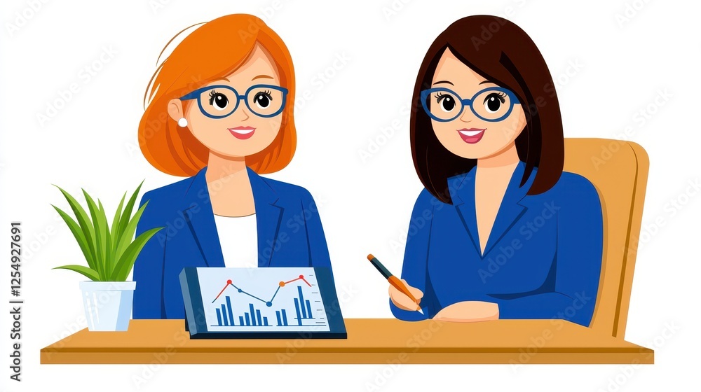 Obraz premium Two Smiling Businesswomen in Blue Suits Collaborate Using a Tablet Showing a Graph