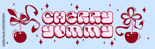 Monochrome red cherry print composition with lettering and decorative silhouette of fruit tied with bows and ribbon. Retro bubble text design on blue background. Sweet vintage candy store style.