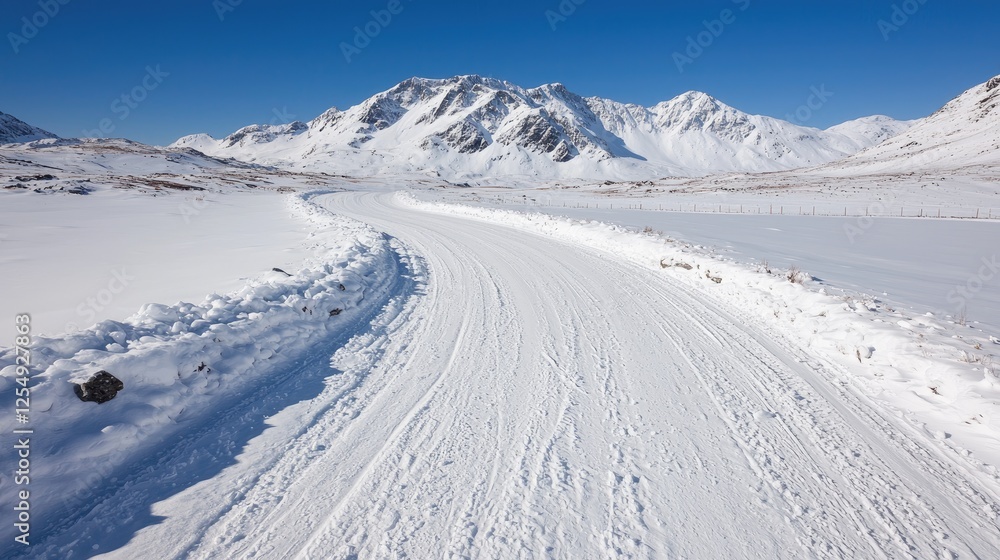 Snowy road winding through mountains, winter landscape Snowy road winding through mountains, winter landscape