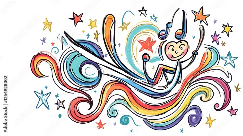 Fototapeta premium Stick figure conducting music on colorful swirls with stars