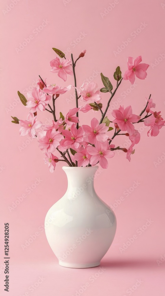 Beautiful cherry blossom branches in a white vase against a soft pink background Beautiful cherry blossom branches in a white vase against a soft pink background