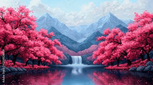 A serene landscape featuring vibrant pink trees, a cascading waterfall, and majestic mountains under a clear blue sky.