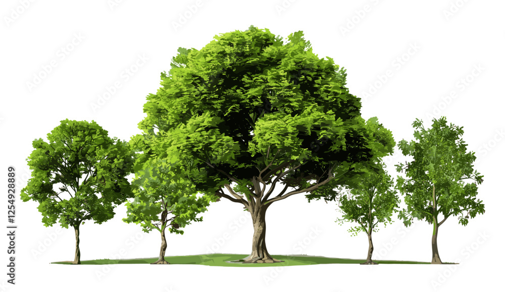 Obraz premium Cutout natural huge trees, 3d vector illustration, realistic major trees, PNG illustration, big trees, nature, realistic trees, forest, landscape, tree cutout, natural trees, greenery