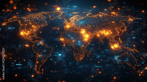 Glowing digital world map with futuristic connections