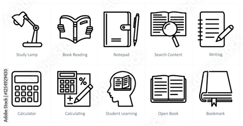 A set of 10 education icons as study lamp, book reading, notepad