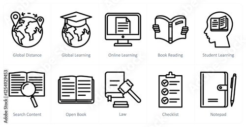 A set of 10 education icons as global distance, global learning, online learning