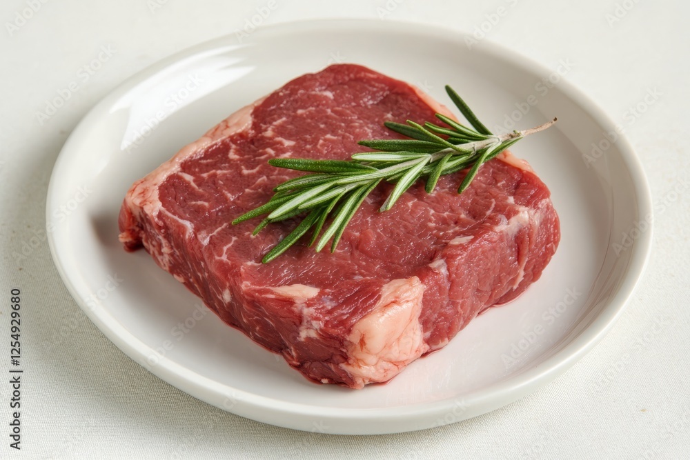 Fresh raw steak with rosemary on a white plate in a minimalistic kitchen setting Fresh raw steak with rosemary on a white plate in a minimalistic kitchen setting