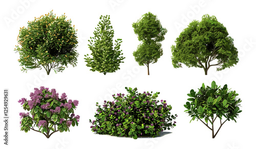 Vector plants, shrubs, flowery trees, outdoor cutout shapes, PNG file, nature design, foliage, garden trees, botanical art, green leaves, outdoor decor