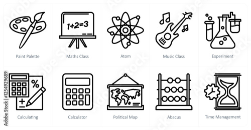 A set of 10 education icons as paint palette, maths class, atom