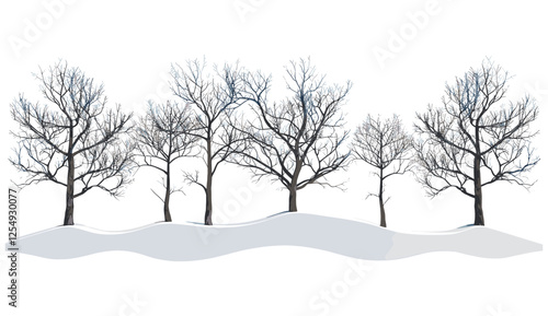 Snowy cut-out trees, winter landscape, vector illustration, 3D illustrations, PNG, seasonal nature, icy branches, white forest, Christmas theme, frosty scenery, cold weather, frozen trees,