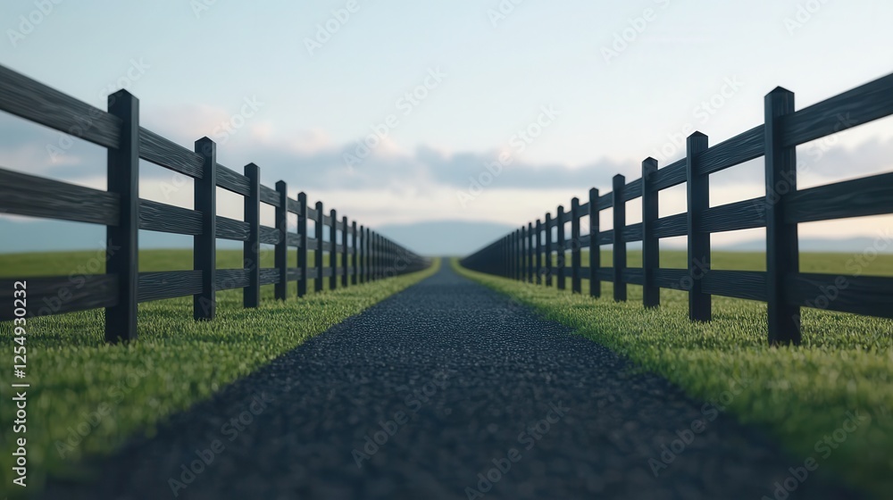 Obraz premium A tranquil pathway bordered by wooden fences leads towards distant hills under a clear sky, evoking serenity and rural beauty.