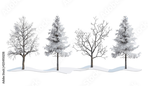 Winter landscape, vector illustration, snow-covered cut-out trees, 3D illustrations, PNG, seasonal scenery, frosty forest, cold weather, nature, holiday theme, white snow trees