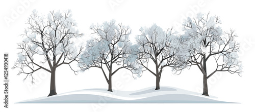 Snow-covered trees, cut-out shapes, vector illustration, winter landscape, PNG, 3D illustrations, snowy scenery, nature, frosty season, cold climate, white forest, holiday background, icy branches