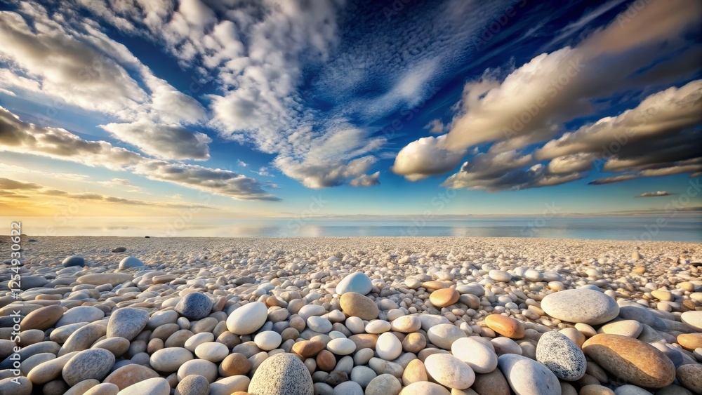 Obraz premium Serene Beach Landscape with Smooth Pebbles and Dramatic Clouds