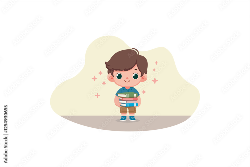 Illustration Cute little boy standing and holding a pile of books. Vector illustration. Illustration Cute little boy standing and holding a pile of books. Vector illustration.