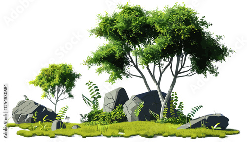 Vector illustration of jungle tree, rock on grassy scene, cutout tropics greenery, transparent background, tropical landscape, exotic nature, lush plants, outdoor setting, rainforest