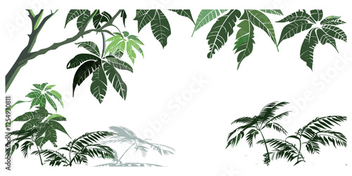 Vector illustration of cutout tropical tree branches, foreground on transparent background, palm leaves, nature silhouette, tropical plants, exotic tree, summer greenery