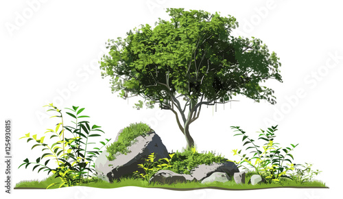 Cutout tropics greenery, vector illustration of jungle tree, rock on grassy scene, tropical landscape, transparent background, jungle plants, nature scene, exotic outdoors