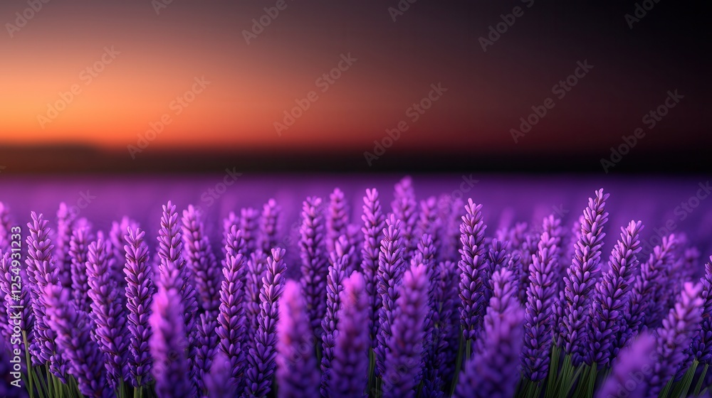 Obraz premium A vibrant field of lavender blooms under a colorful sunset, showcasing rich purple hues against a warm, fading sky.