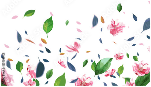 Blossoms and leaves dancing in the breeze, vector illustration, 3D render PNG, transparent backgrounds, floral motion, botanical wind, soft petals, flowing nature, gentle swirls