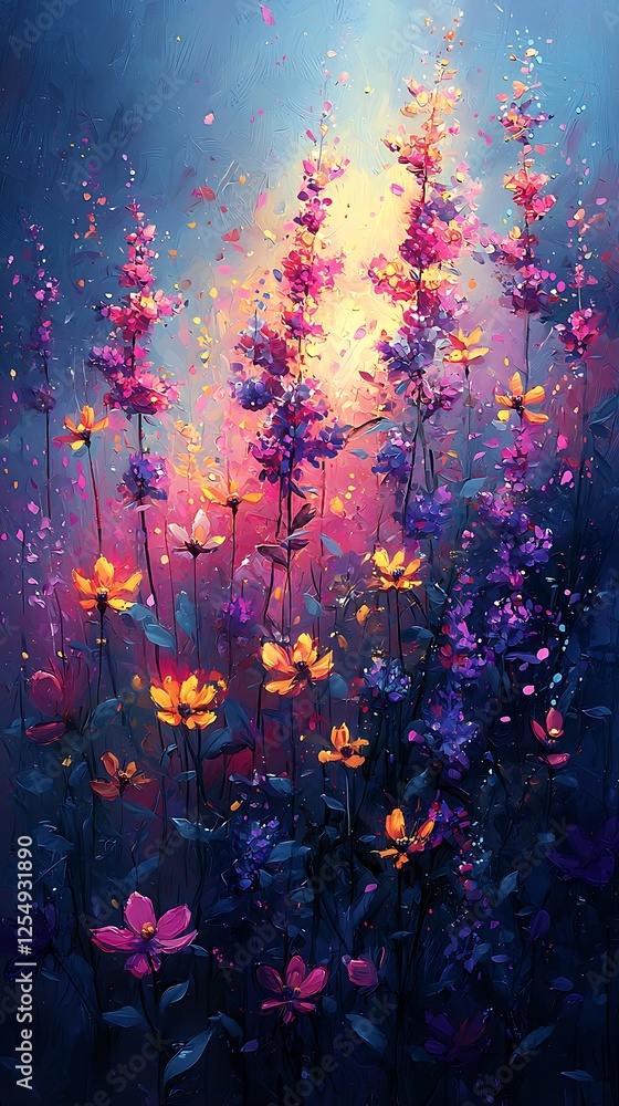 Obraz premium Dreamy abstract flower field with blurred petals in soft pastel shades of pink yellow and lilac against a glowing sky