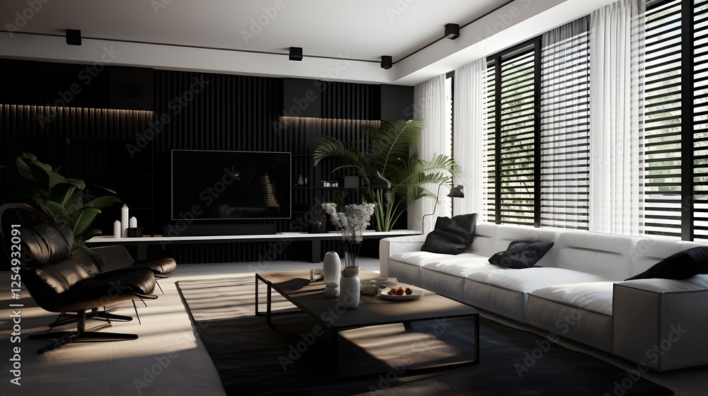 Fototapeta premium A high contrast minimalist black and white living room with dramatic lighting showcasing a clean sophisticated design with geometric shapes and sleek contemporary furnishings