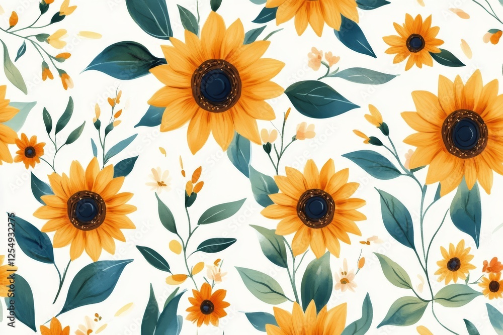 Beautiful floral pattern featuring sunflowers and greenery on a light background Beautiful floral pattern featuring sunflowers and greenery on a light background