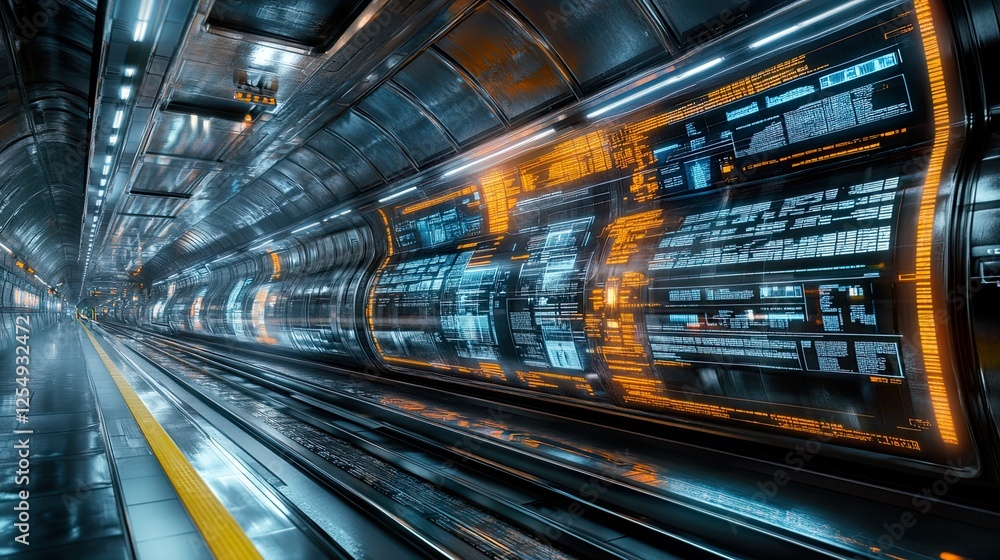 Fototapeta premium Futuristic public transport system with high-speed trains and digital information displays